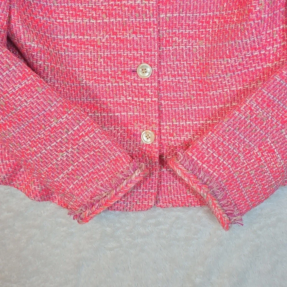 J.Crew Hot Pink Barbiecore Cotton Jacket Tweed Peplum Fringe Blazer Sz. 10